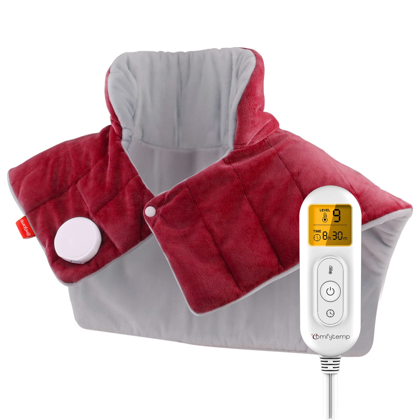 Heating Pad for Neck and Shoulders and Back, Comfytemp Weighted Electric Heat Pad for Pain Relief, 2.6lb Large Heated Wrap, 9 Heat Settings, 11 Auto-Off, Women Men Birthday Gifts Red