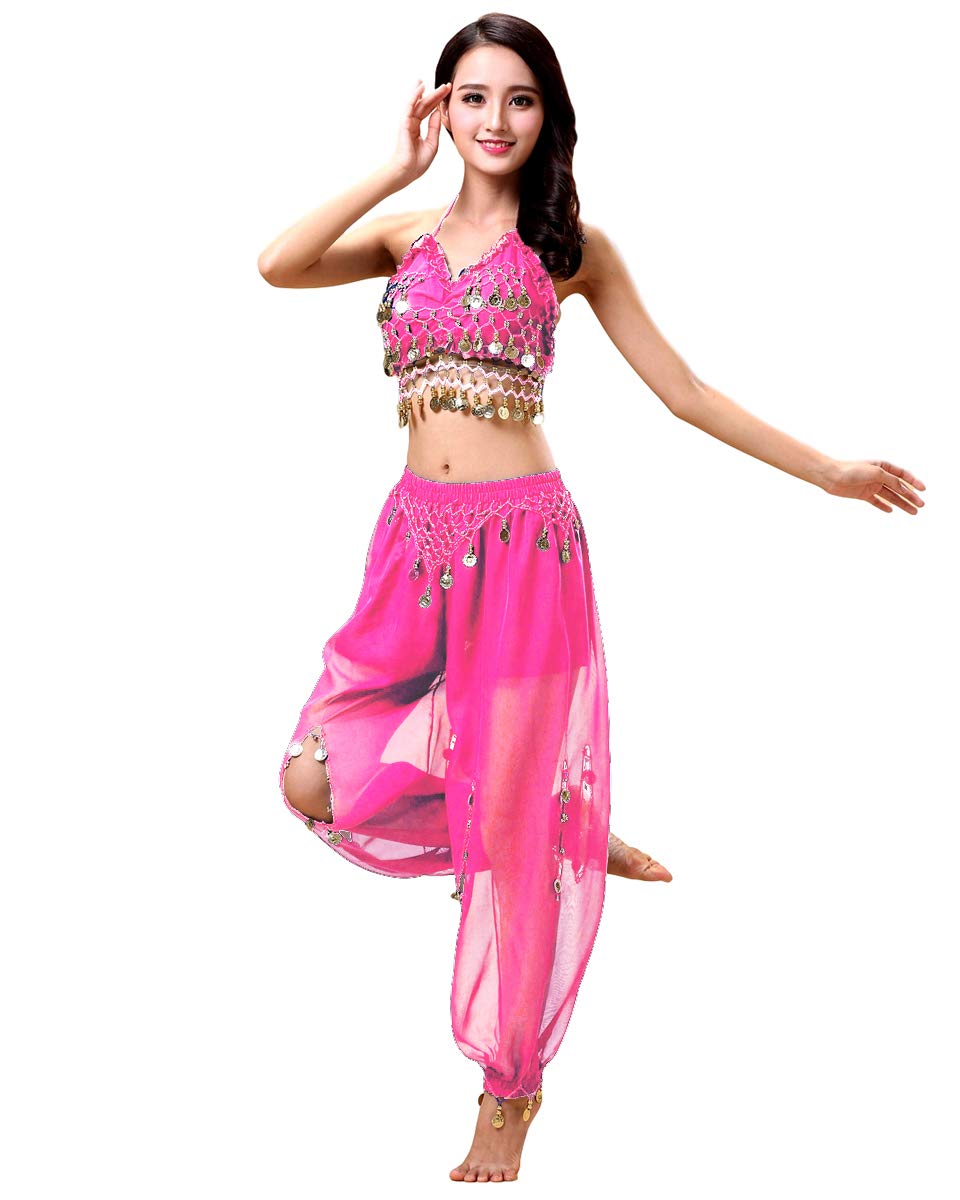 Grouptap Bollywood women india arabian lady belly dancer sequined top slit pants dress party costume pink fancy adult outfit (Light Pink, 150-170 cm)