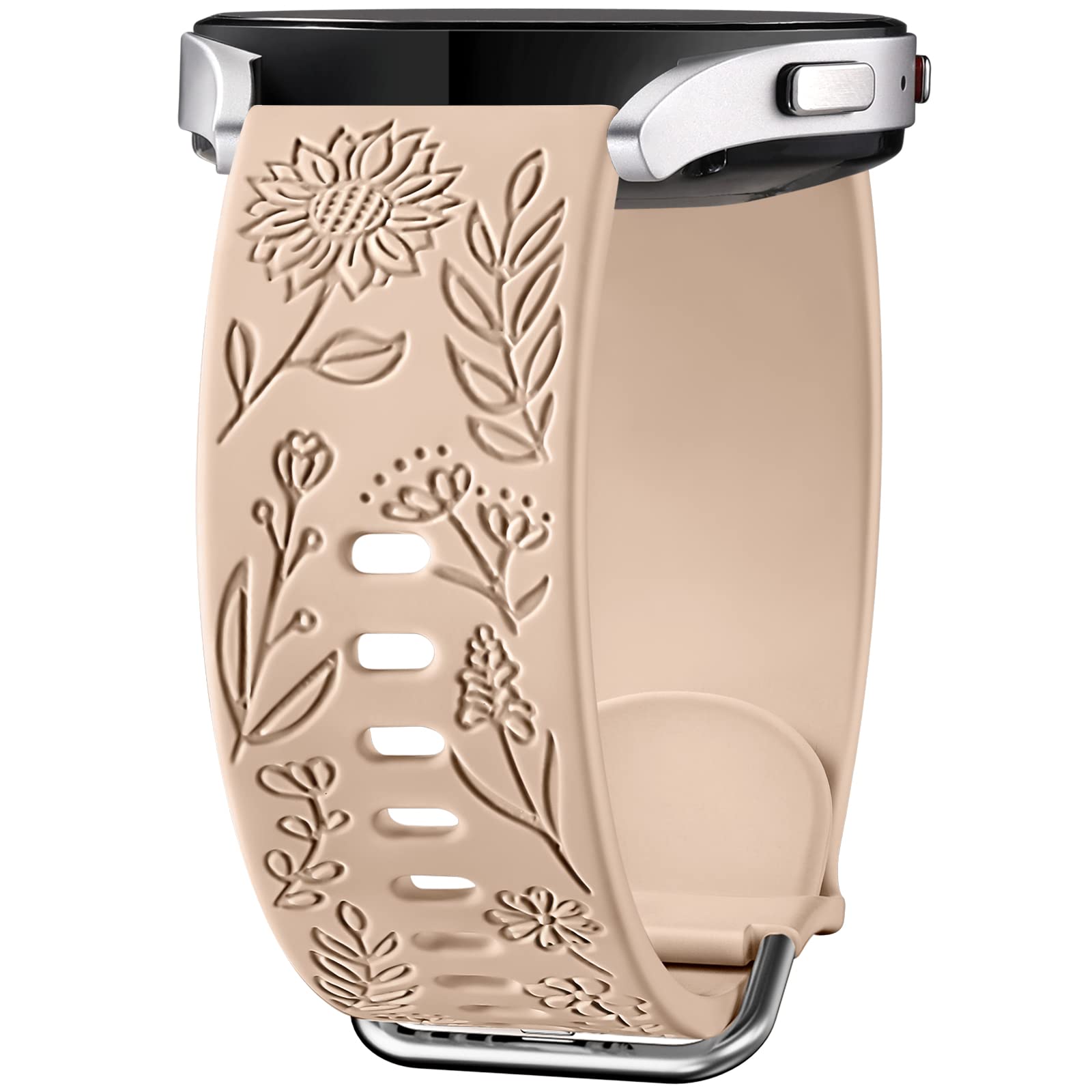 SNBLK Sunflower Engraved Compatible with Galaxy Watch 4 Band 40mm 44mm, 20mm Silicone Strap for Galaxy Watch 5 40mm 44mm/Watch 5 Pro 45mm/Galaxy Watch 42mm/Watch 3 41mm/Active 2 40mm 44mm, Milk Tea