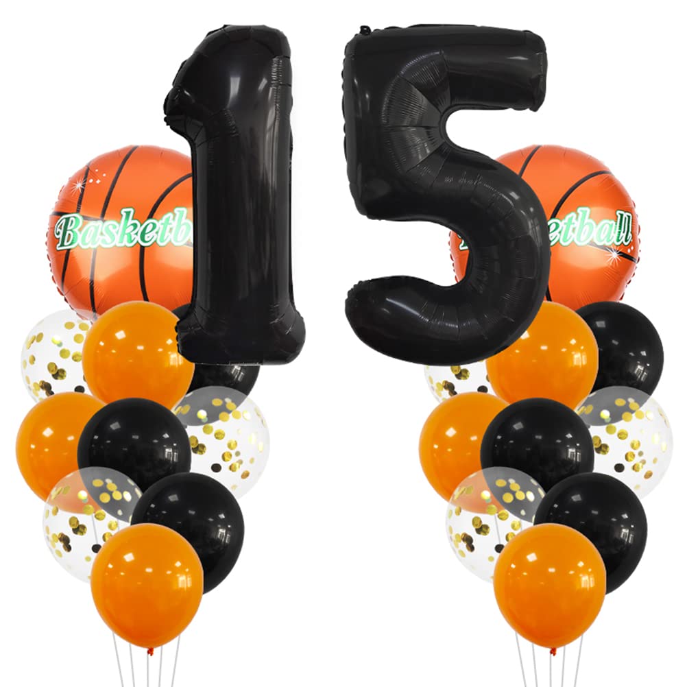 Large Basketball Balloon Birthday Decorations 15 Year Kids Birthday Decoration Number 15 Balloon Foil Balloon Orange Black Balloon for Kids Basketball Themed Celebration Party Birthday Decoration