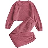ZAFUL Women's Fuzzy Lounge Casual Pajamas Sets Long Sleeve Fleece Pullover and Pants Set 2 Piece Fluffy Loungewear Sleepwear