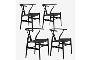VODUR Wishbone Chair Natural Solid Wood Dining Chair/Hans Vegner Y Chair Rattan and Wood Accent Armrest Chair (Ash Wood - Black 4 Chairs)
