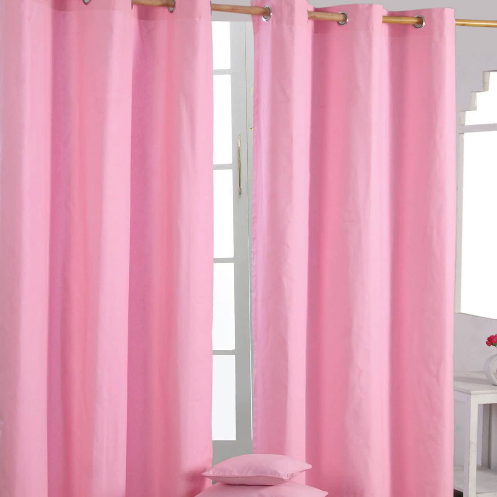 HOMESCAPES Pink Eyelet Curtain Pair 137cm (54") Wide x 182cm (72") Drop Plain Heavy Unlined Curtains — image 1