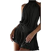 Floerns Women's Summer Mini Dress Sleeveless Halter Backless Ruched Date Night Layered A Line Dresses