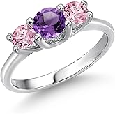 Gem Stone King 14K White Gold Purple Amethyst & Pink Lab Grown Diamond 3-Stone Engagement Ring | 0.98 Cttw | Round 5MM and 4MM | 3 Stone Wedding Anniversary Promise Ring For Women