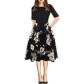 oxiuly Women's Vintage Patchwork Pockets Puffy Swing Casual Party Dress OX165