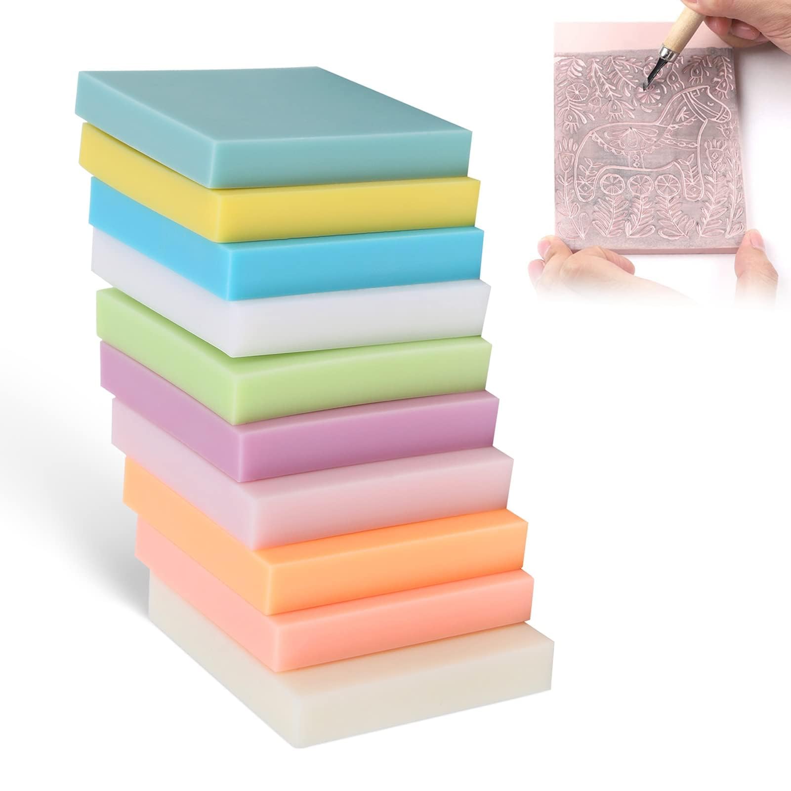 Rubber Stamp Carving Blocks,10Pcs Blank Rubber Stamps for Carving Square Rubber Stamp Carving Blocks for Scrapbooking,Soft Printing Carving Colored Rubber Block for Invitation Cards,DIY Project