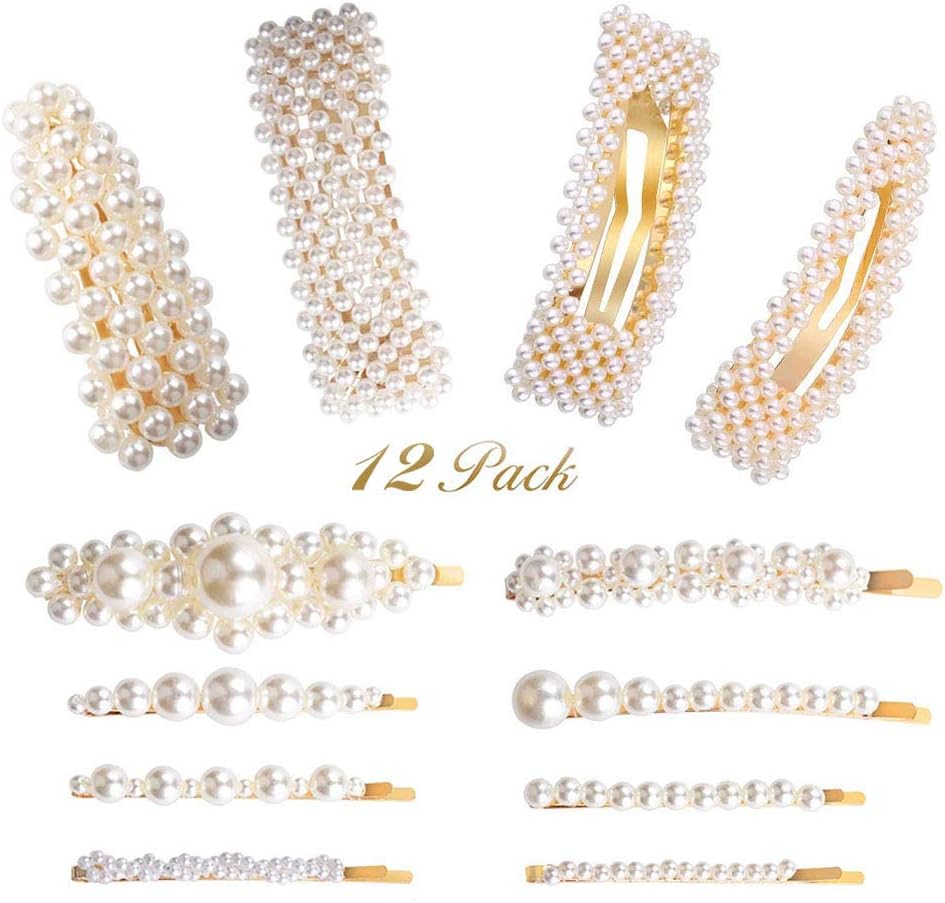 Pearl Hair Clips for Girls Women Ladies 12pcs Pearl Barrettes/Bobby Pins/Snap Clip/Hair Slides for Prom Party Wedding Elegant Handmade Hair Accessories,White & Gold