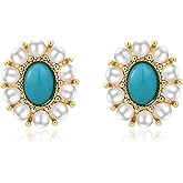Big Turquoise and Pearl Stud Earrings for Women Vintage Boho 14K Plated Gold Oval Gemstone Earrings for Western Jewelry