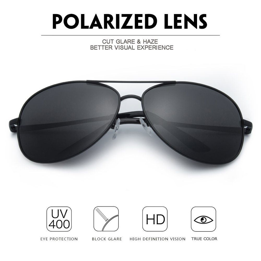 IALUKU Aviator Sunglasses Polarized for Men Classic Pilot Metal Frame UV400 (Black / Grey, 64mm)