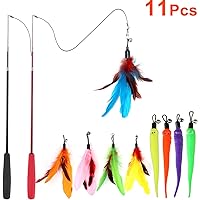 Cat Feather Toy, Retractable Cat Toys Wand 2 Wands & 9 Assorted Teaser Refills, Interactive Feather Teaser Wand Toy Bell Kitten Cat Having Fun Exerciser Playing