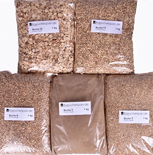 Räucherspäne Räuchermehl, Buche, 5kg, 5 Typen a 1kg Zum Kalt- und HeiÃräuchern, Sparpaket