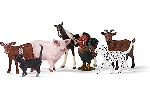 Schleich Farm World 7-Piece Farm Animal Gift Set Including Dalmatian, Cat, Pig, Goat, Rooster, Texas Longhorn Calf and Pinto Foal Animal Toys