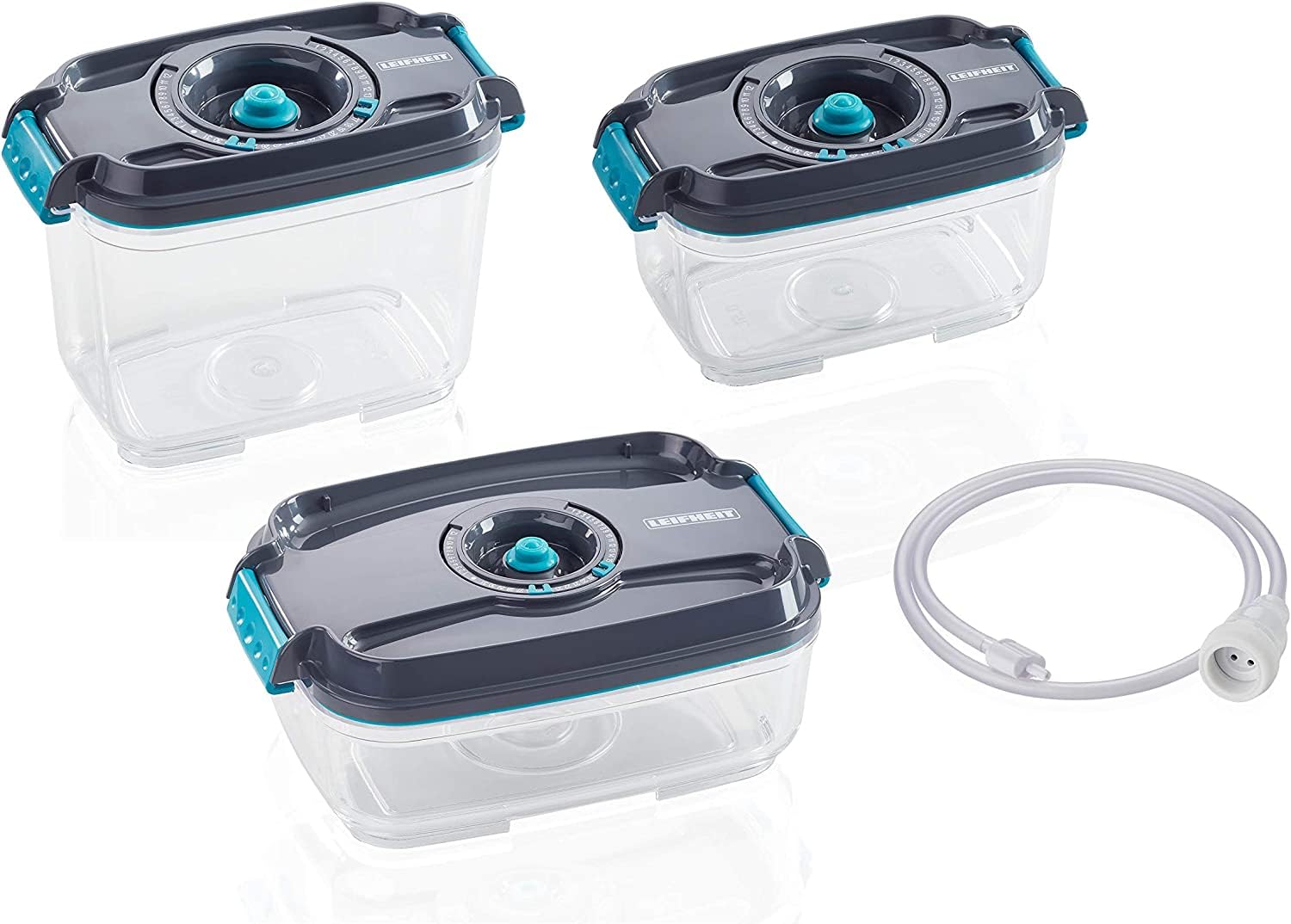 Leifheit Set of 3 vacuum food storage containers, airtight and waterproof storage containers, Food Boxes suitable for Leifheit vacuum seals, BPA- and dishwasher-safe, zing and microwave-safe
