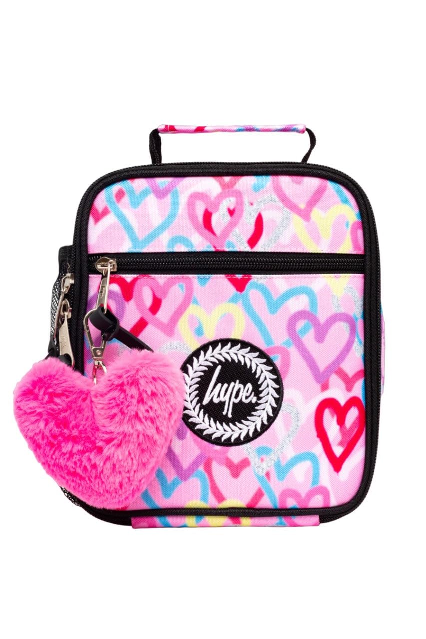 hype Girls Lunch Box, Pink with Neon Graffiti Style Hearts, School Bag for Kids, Stylish Lunch Bag with Bottle Holder, 3 Storage Compartments, Inside Thermal Lining & Grab Handle