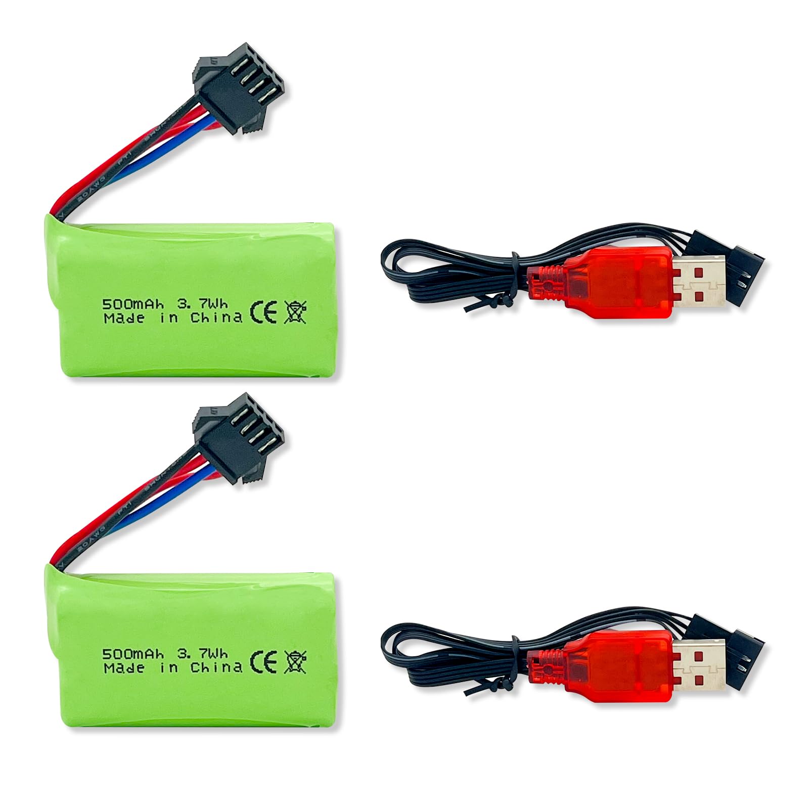 BORSCELLOR 2PCS 7.4V 500mAh SM-4P Plug-in Rechargeable RC Vehicle Li-ion Battery with USB Charging Cable for RC Toys RC Cars, Stunt Rollovers, RC Trucks, RC Boats, and RC Engineering Vehicles