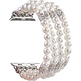 GEMEK Compatible with Apple Watch Band 38/40/41/42/44/45/49mm Women iWatch Bands Series 9/8/7/6/5/4/3/2/1, Handmade Beaded Elastic Stretch Pearl Bracelet Replacement Strap for Women Wristband