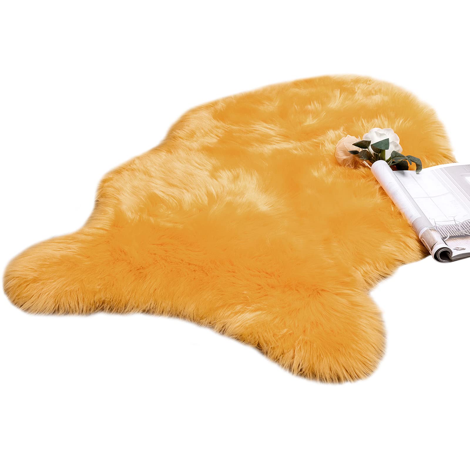 MIULEE Faux Fur Area Rugs Sheepskin Fluffy Mat Fleece Chair Cover Seat Pad Soft Shaggy Area Mat for Bedroom Sofa Floor 60 x 90 cm Irregular Shape Orange