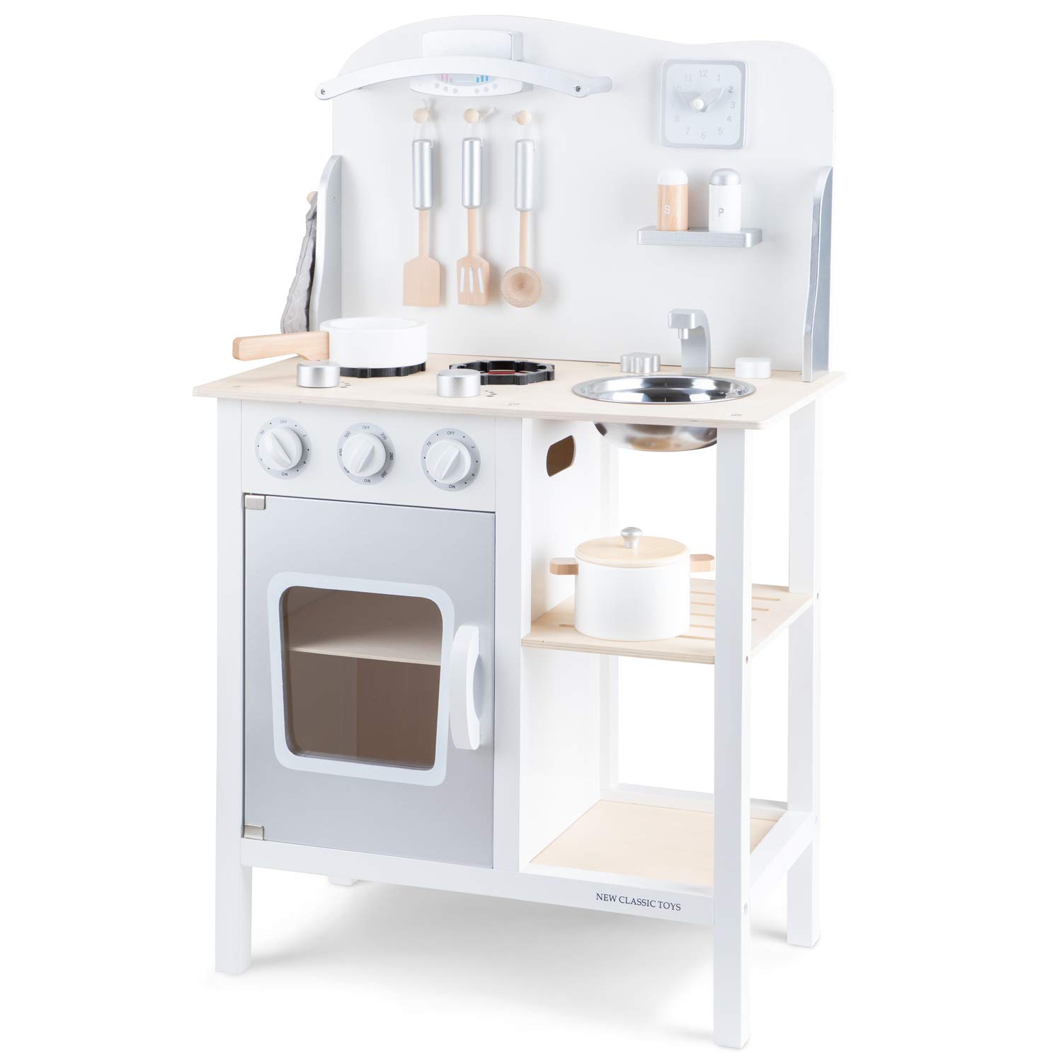 New Classic Toys 11053 Wooden Pretend Toy Kitchen for Kids Role Play Included Accessoires, White/Silver, White/Silver