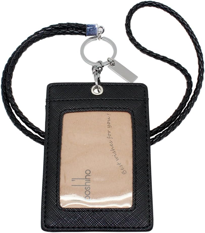 Boshiho Vertical Style Leather ID Card Badge Holder with Keychain Lanyard 1 ID Clear Window Vertical Style (Black with Keychain)