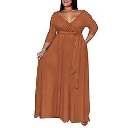 Runwind Plus Size Dress for Women 3/4 Sleeve V Neck