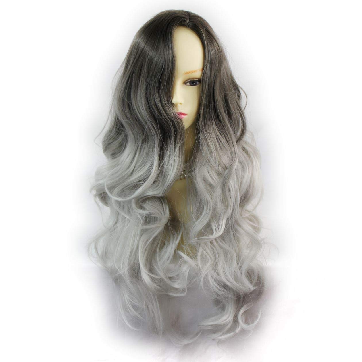 Amazon Com Wiwigs Pretty Long Wavy Wig Grey Medium Brown Dip