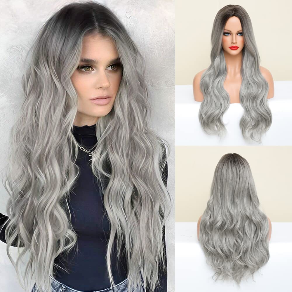 Photo 1 of ISHINE 24 inch Long Omber Silver Grey Wig, Middle Part Natural Looking Synthetic Wig, Curly Wavy Wigs, Hair Replacement Wigs for Daily Cosplay Party Halloween Costume (Ombre Silver Grey)