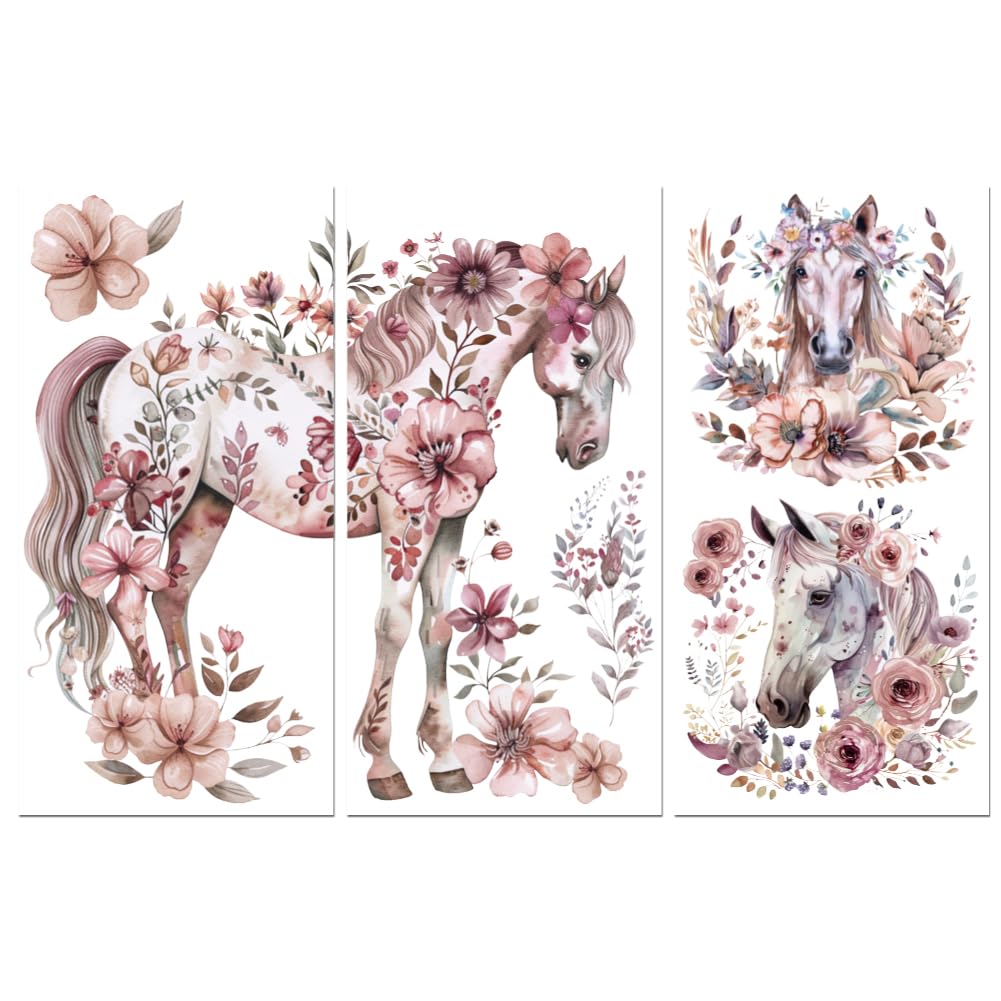 Peacoblue Rub on Transfer Decals for Furniture Crafts 6"x12", 3Pcs Dreamy Horse with Flower Waterproof UV DTF Transfer Decals Sticker for Dresser Lingerie Chests Drawer Glass Porcelain Wood