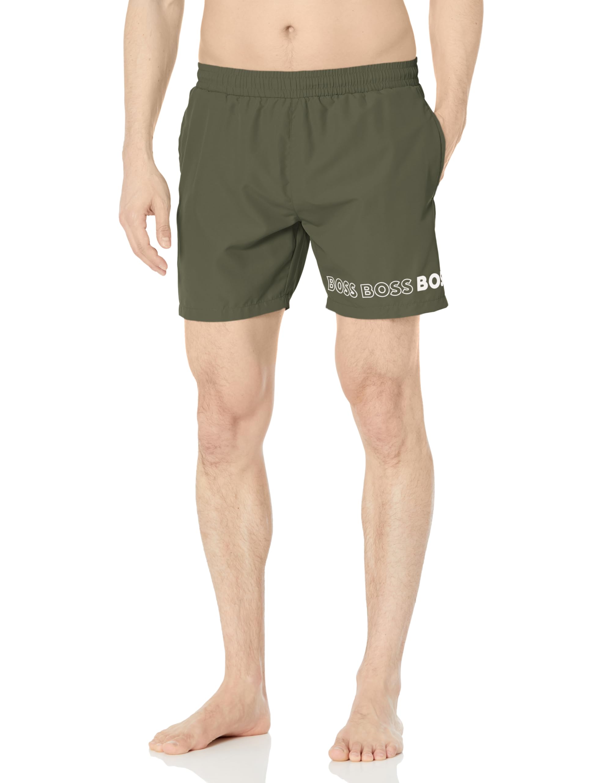 BOSS Men’s Standard Vertical Logo Swim Trunk, Kale Green, L