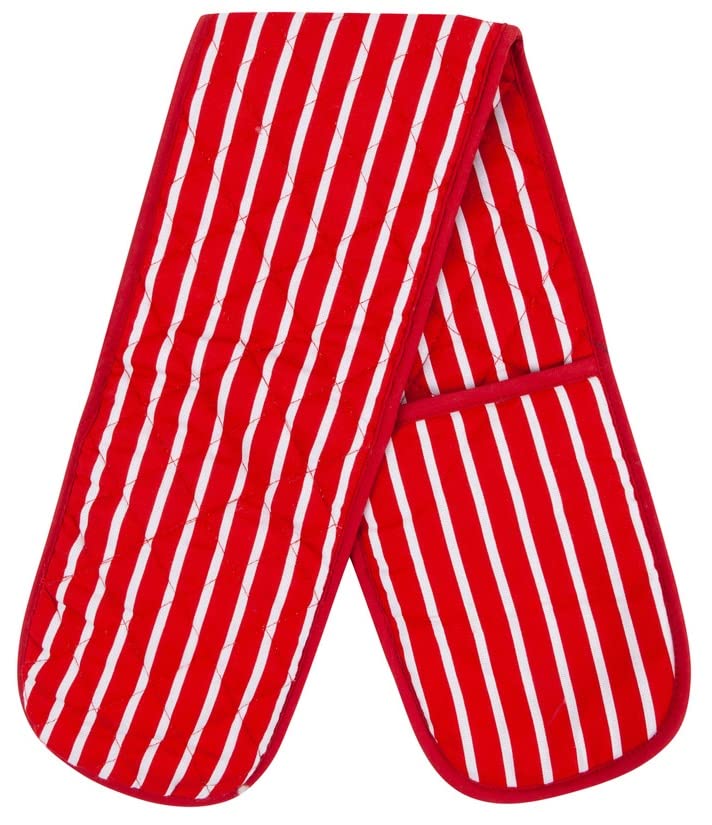 Red Double Oven Gloves Heat Resistant Oven Mitts for Home Kitchen Baking and Cooking, Butchers Stripe Pot Pan Tray Double Oven Gloves, Heavy Duty Cooking Oven Gloves (Red)