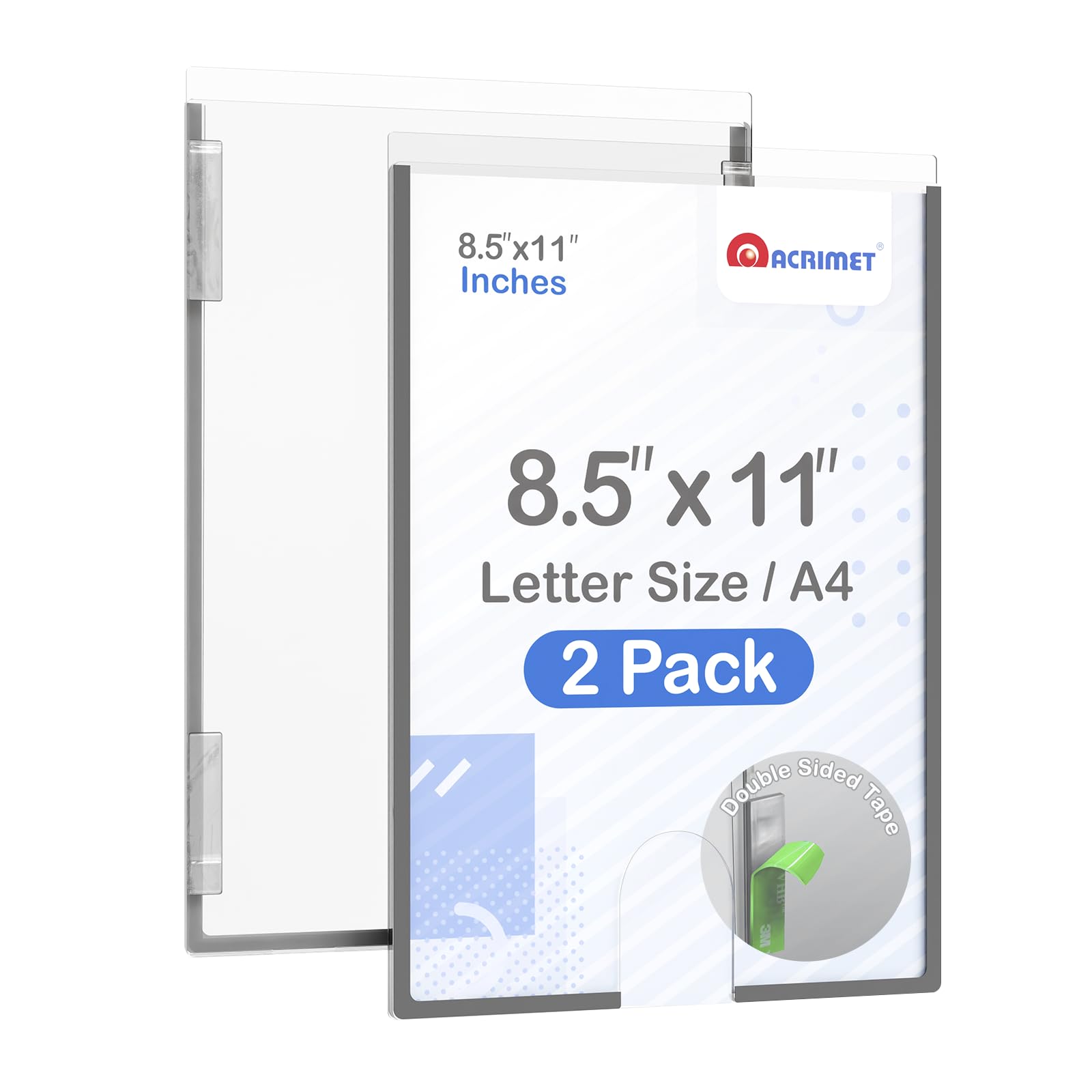 Acrimet Wall Mount Sign Holder Letter Size A4, Clear Crystal Plastic with Self Adhesive on The Back, Perfect for Displaying in Office, Restaurant, School, Home (2 Pack)