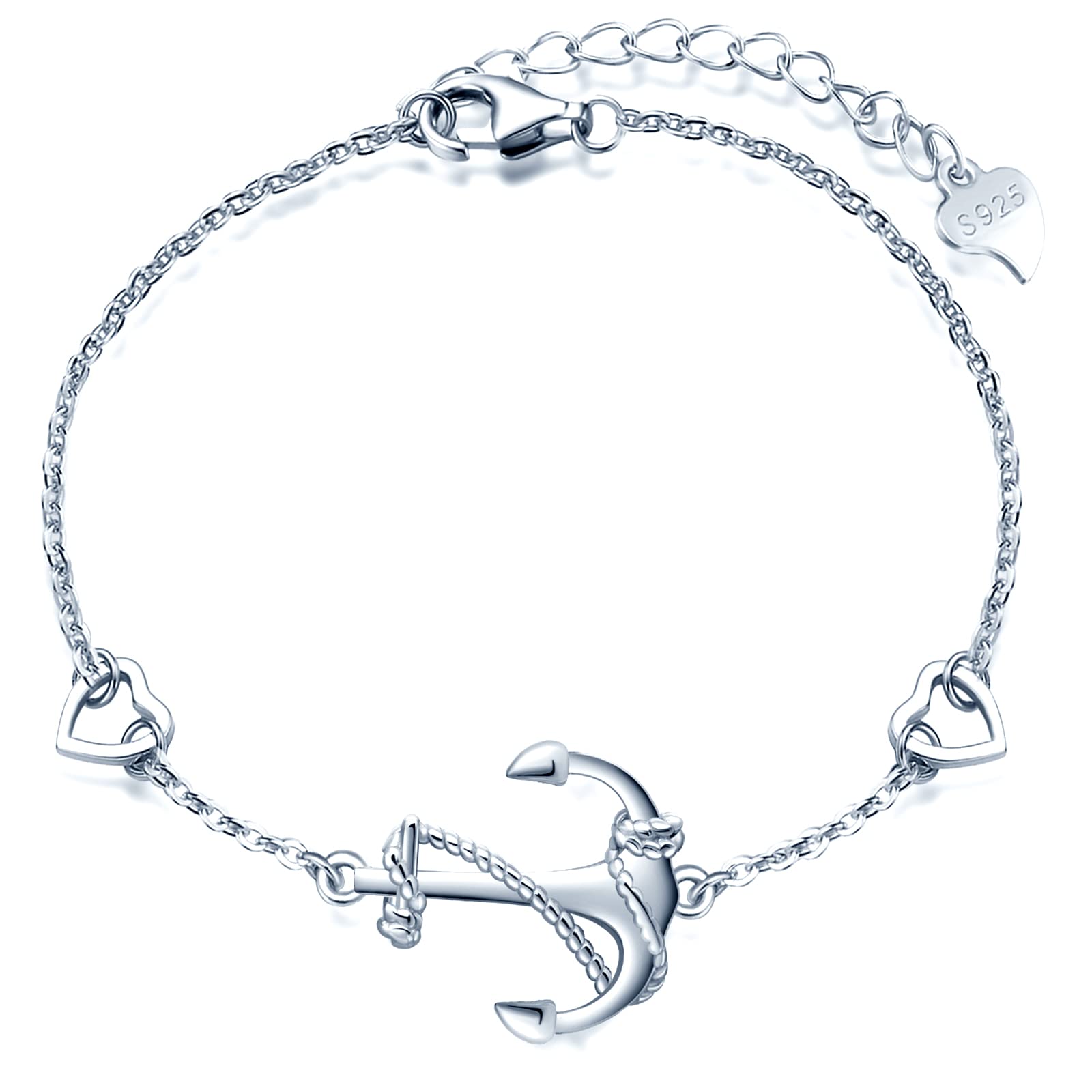 MicLee Bracelet elegant for womens and girls, 925 sterling silver bracelets, Classic anchor bracelet, link with mini heart, symbol of courage, protection and strength, adjustable chain, silver