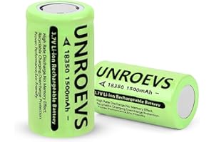 UNROEVS 2 Pack 3.7V 18350 Battery Rechargeable 1500 mAh High Capacity Flat Top Li-ion INR 18350 Battery for Flashlight,Headlamp. (Flat Top, 2 Packs)