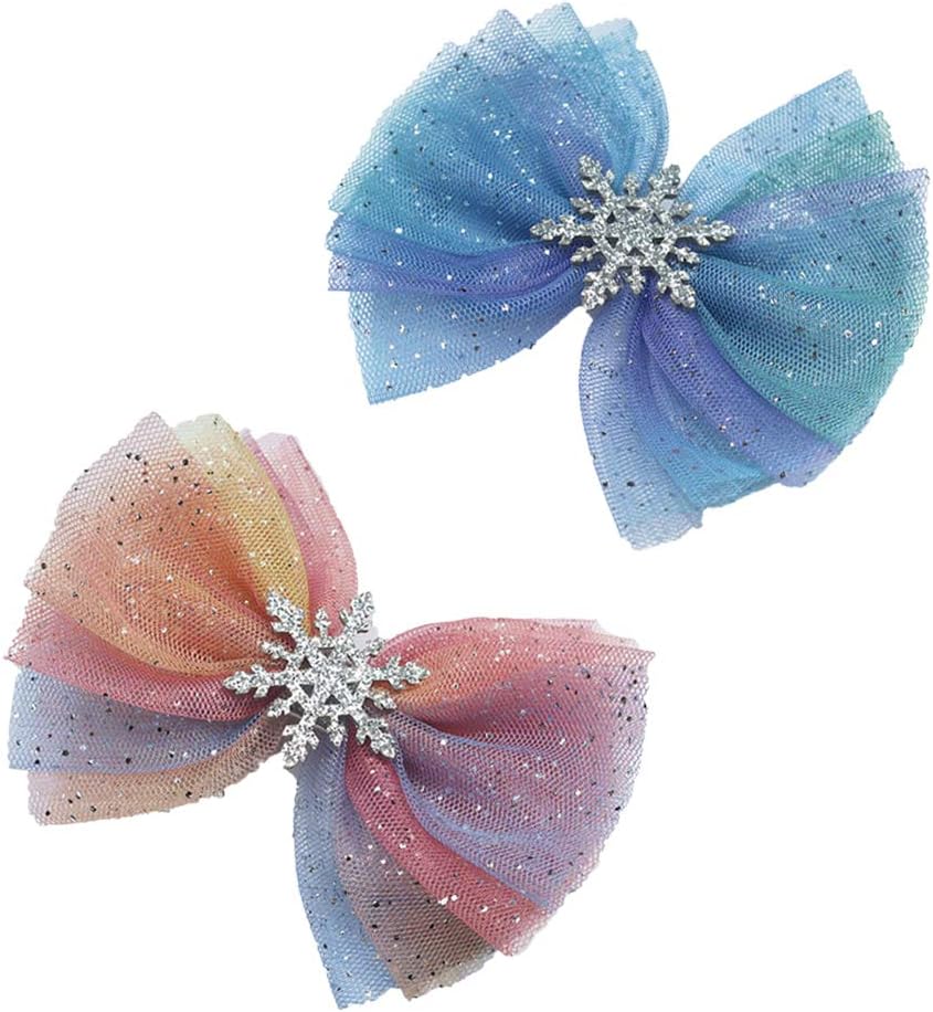 Raindo Large Girls Hair Bow Clips Multi-layer Twinkling Mesh with Snowflake 4.3 Inches 2pc