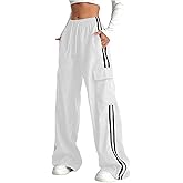 Verdusa Women's Cargo Pants Baggy Straight Wide Leg Track Pants Striped Joggers with Pockets Athletic Streetwear