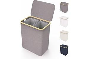 LONBET 150L Double Laundry Basket with Lid and Sturdy Bamboo Frame | Aesthetic Laundry Bin with Side Handles – Made from Brea