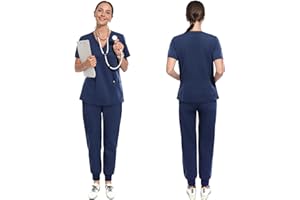 UnionMed Tech Scrubs for Women Set, Stretchy Slim Fit V-Neck Top & Jogger Scrub Pants with Multi Pocket Yoga Waistband
