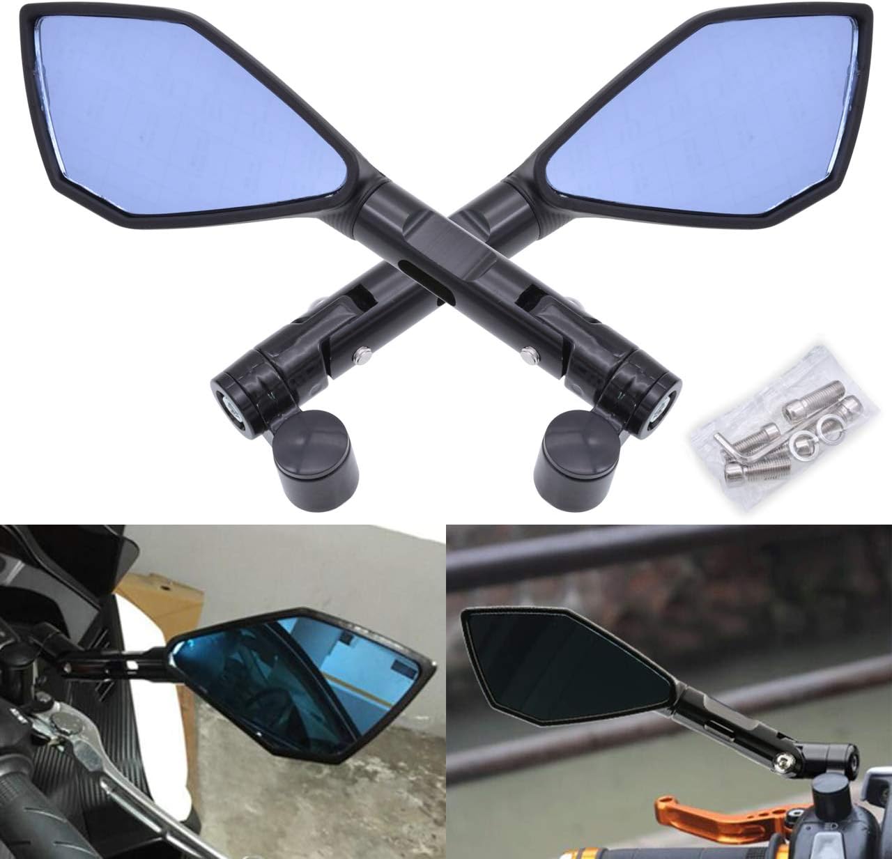 KATUR Motorcycle Handlebar End Mirrors Rear View Mirror Black Motorbike Anti Glare Bluish Hawk-Eye Mirrors 8MM 10MM Clockwise Threaded Bolts Mounts for Kawasaki Suzuki Honda Victory Chopper