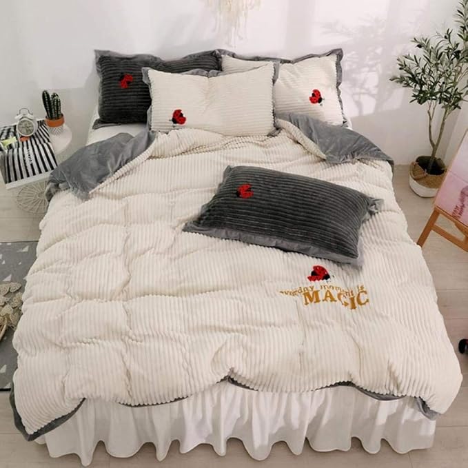 RESUXI fleece duvet set double grey,Winter coral fleece bed skirt thick doublesided fleece