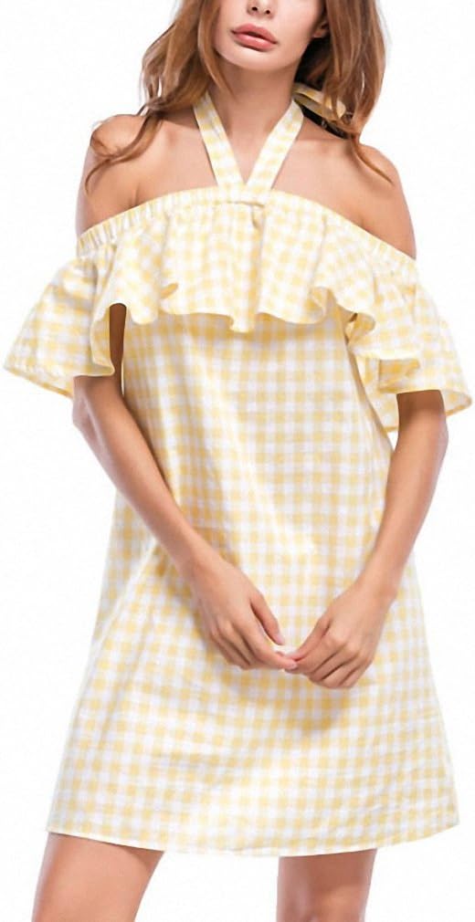 Halter Ruffle Plaid Dress Women Sexy Party Backless Elegant Dress Sleeveless Off The Shoulder Beach Summer Dress