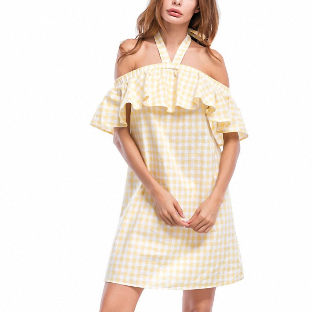 Halter Ruffle Plaid Dress Women Sexy Party Backless Elegant Dress Sleeveless Off The Shoulder Beach Summer Dress