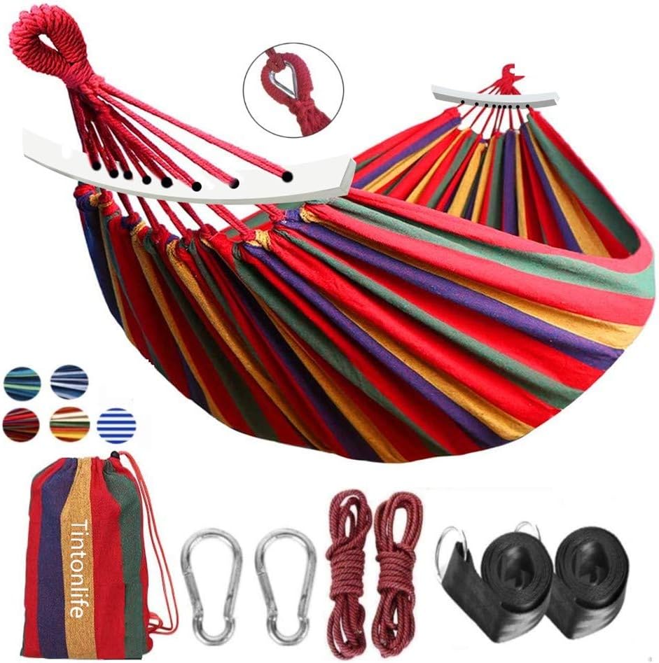 Tintonlife Brazilian Double Hammock 2 Person Canvas Cotton Hammock with Carrying Bag for Patio Porch Garden Backyard Lounging Outdoor/ Indoor Rainbow Stripe Hammock : Garden & Outdoor
