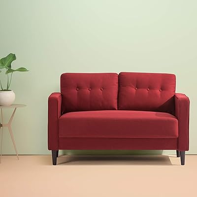 Zinus Mikhail Mid-Century Loveseat Sofa, Ruby Red with Tufted Cushions