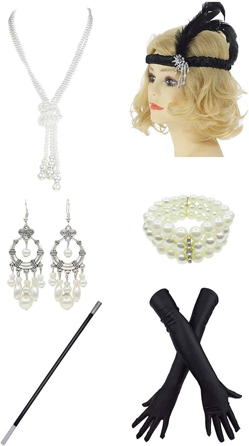 1920s Gatsby Sequin Fringed Paisley Flapper Dress with 20s Accessories Set (XXL, Style2 Black)