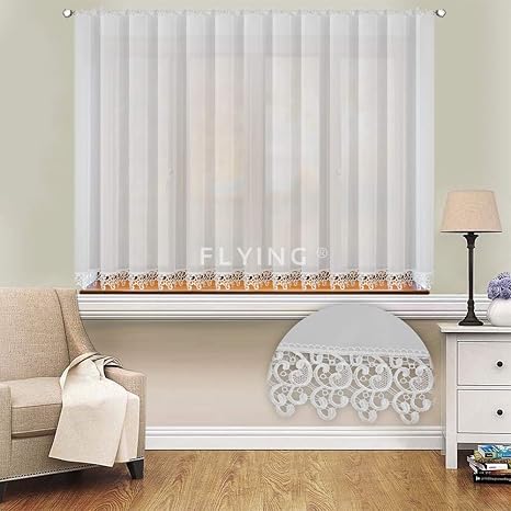 FKL Schöne Fertiggardine Fenstergardine Gardine aus Voile mit Faltenband Kräuselband Store Gipüre Kurz Modern Weiß 155x400 cm