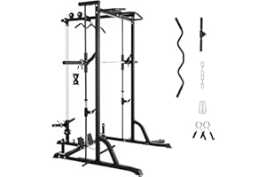 XVD Smith Machine Power Rack with LAT-Pull Down System, Landmine, Barbell Bar, Plate Storage Pegs and More Training Attachment