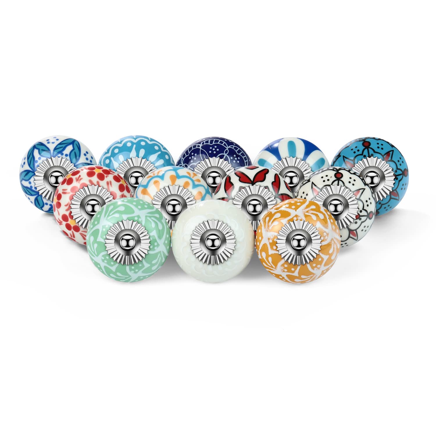 LUTAKU Craft Trade Dresser Knobs for Cabinets and Drawers - Assorted Ceramic Pull Handle for Kitchen Cupboard Wardrobe Decorative Furniture Hardware - Multicolor Mandala - Pack of 12 (01)