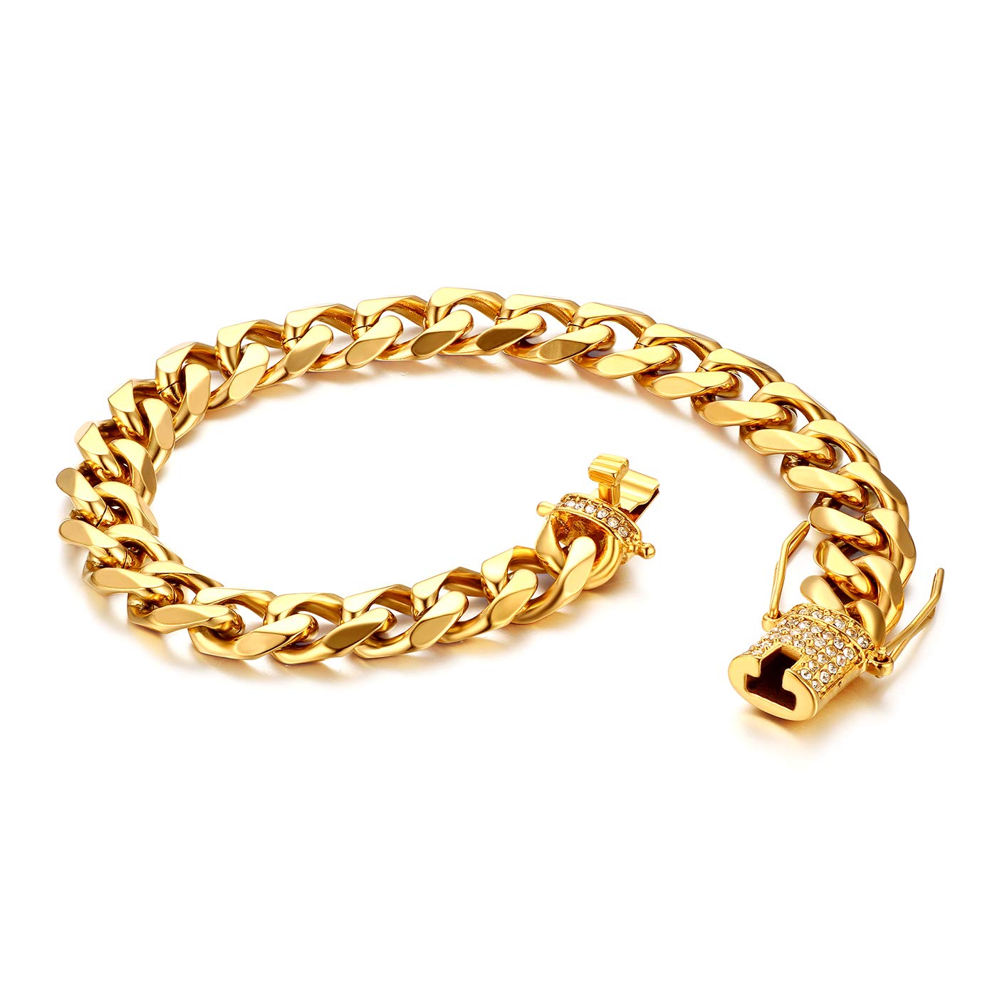 JewelryWe Men's Glossy Stainless Steel Simple Chain Bracelet Rhinestone Inlay Buckle Clasp(Gold)