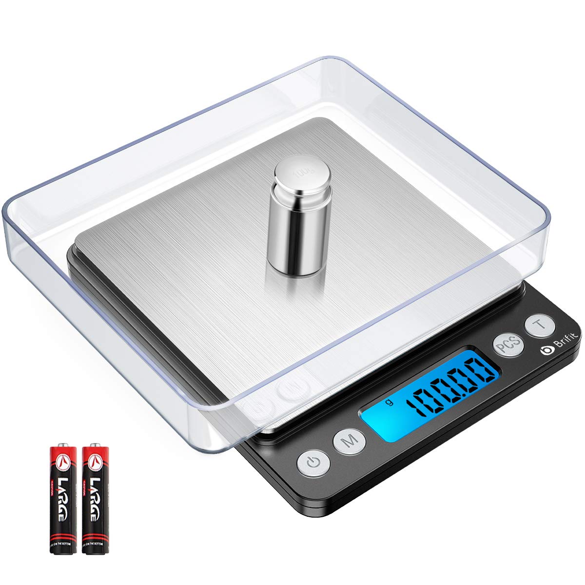 Brifit Digital Pocket Scale, 500g High Precision Digital Kitchen Scales with 100g Calibration Weight & Two Trays, Stainless Steel Jewelry Scales with Backlit, 0.01g Precision, Tare & PCS Features