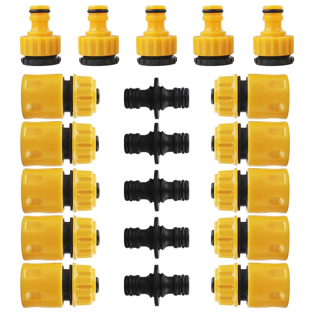 20 Pieces Garden Hose Connector Set, Plastic Tap Connector Hose End Connector Double Male Hose Connectors Extender Hose Quick Connectors for Gardening Washing(Black, Yellow)